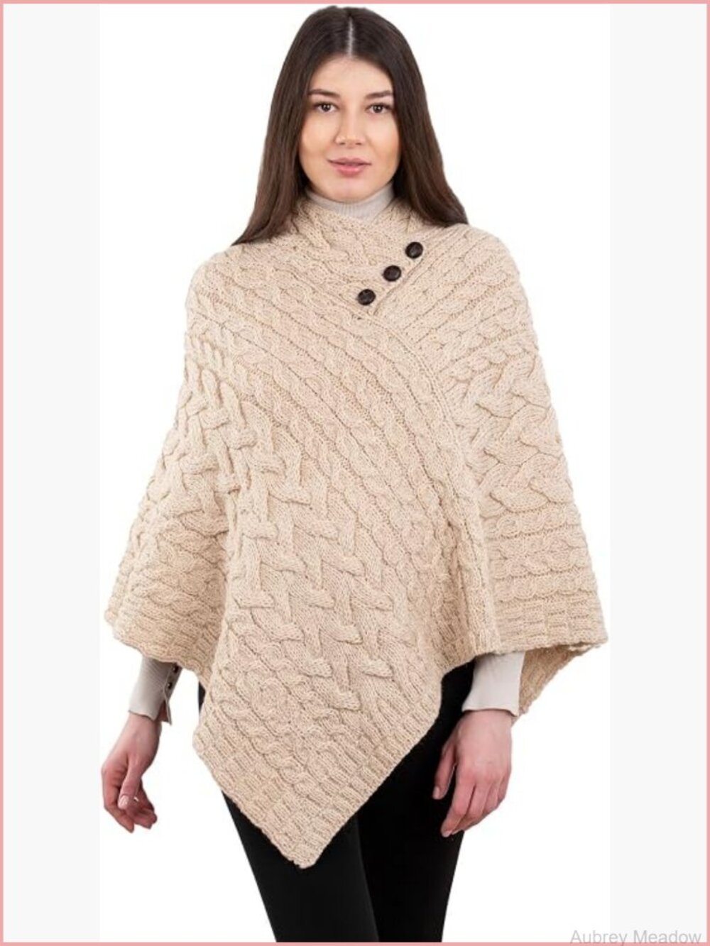 100% Virgin Wool Cable Knit Poncho with Shawl Collar & Buttons